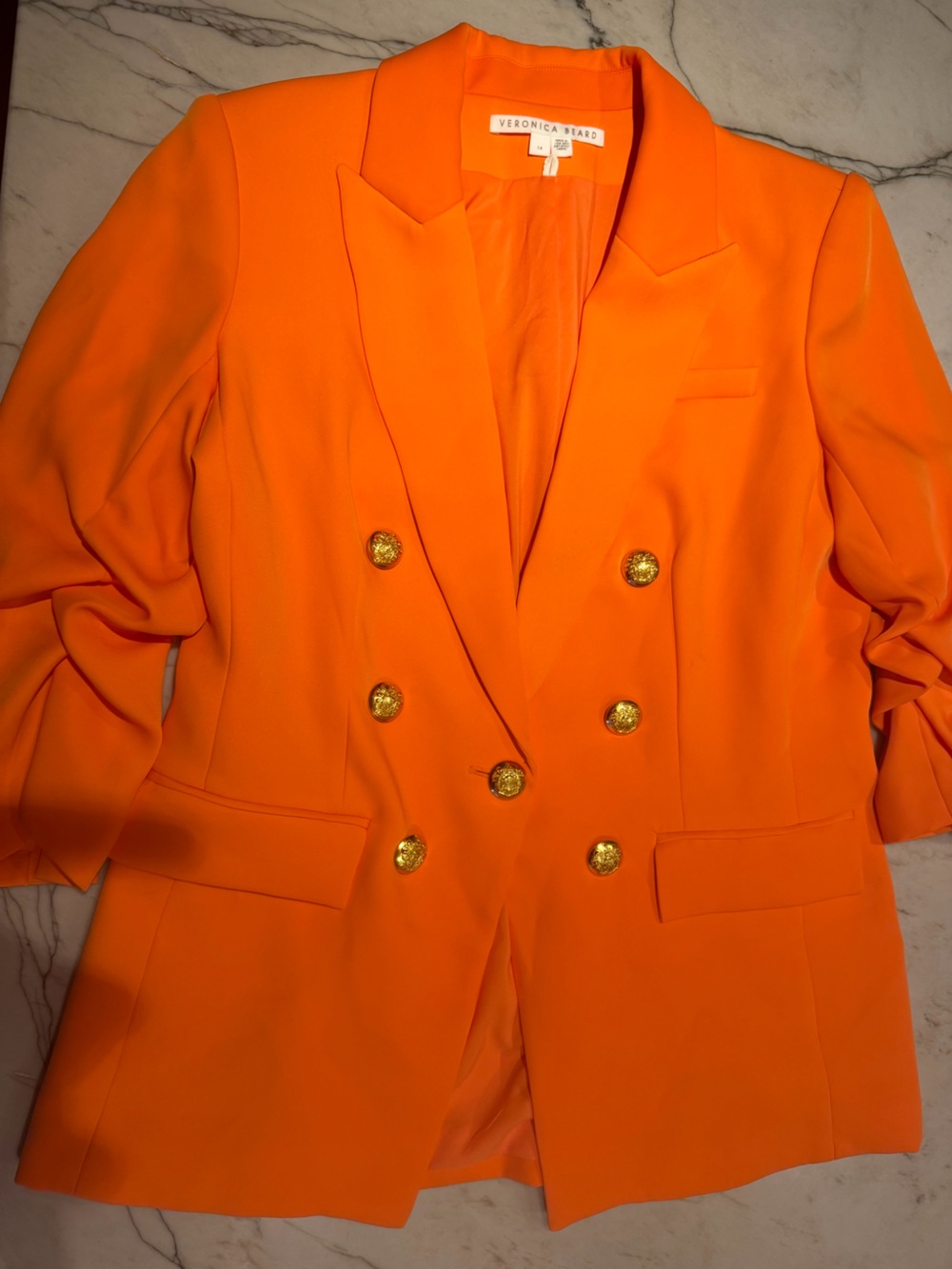 Veronica Beard Vibrant Orange Double-Breasted Blazer with Gold Buttons